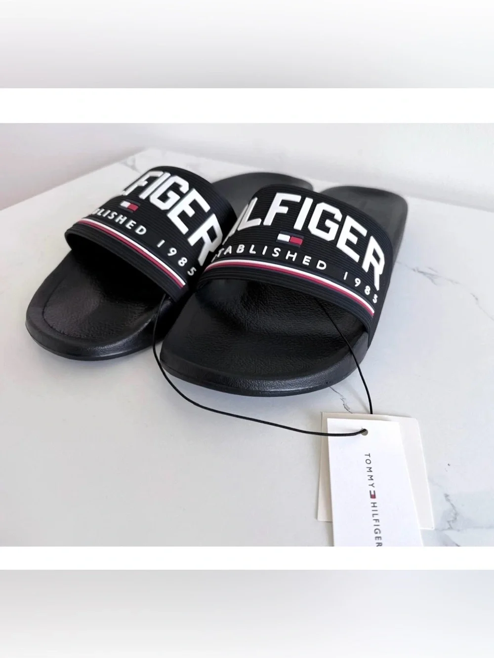 Tommy Hilfiger Black Slide Sandals with White Logo and Red-Blue Stripe